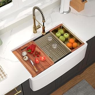 33 White Farmhouse Sink Workstation - 33x21 Inch Large Undermount Apron Front Kitchen Sink Fireclay Porcelain Ceramic Single Bowl Farm Farmer Style Sinks Basin With Gold Accessories