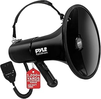 Pyle 100-Watt Square Megaphone Bullhorn, Lightweight and Portable Loudspeaker Horn with Aux (3.5mm) Input for MP3/Music, Automatic Siren, Whistle, MIC/Talk (Black), 1500 Square Yards Projection Range