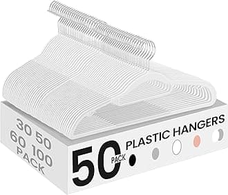 SONGMICS Pack of 50 Coat Hangers, Space-Saving Plastic Clothes Hangers, Non-Slip, 0.2 Inches Slim, 16.5 Inches Wide, 360° Swivel Silver Hook, White UCRP20WT50