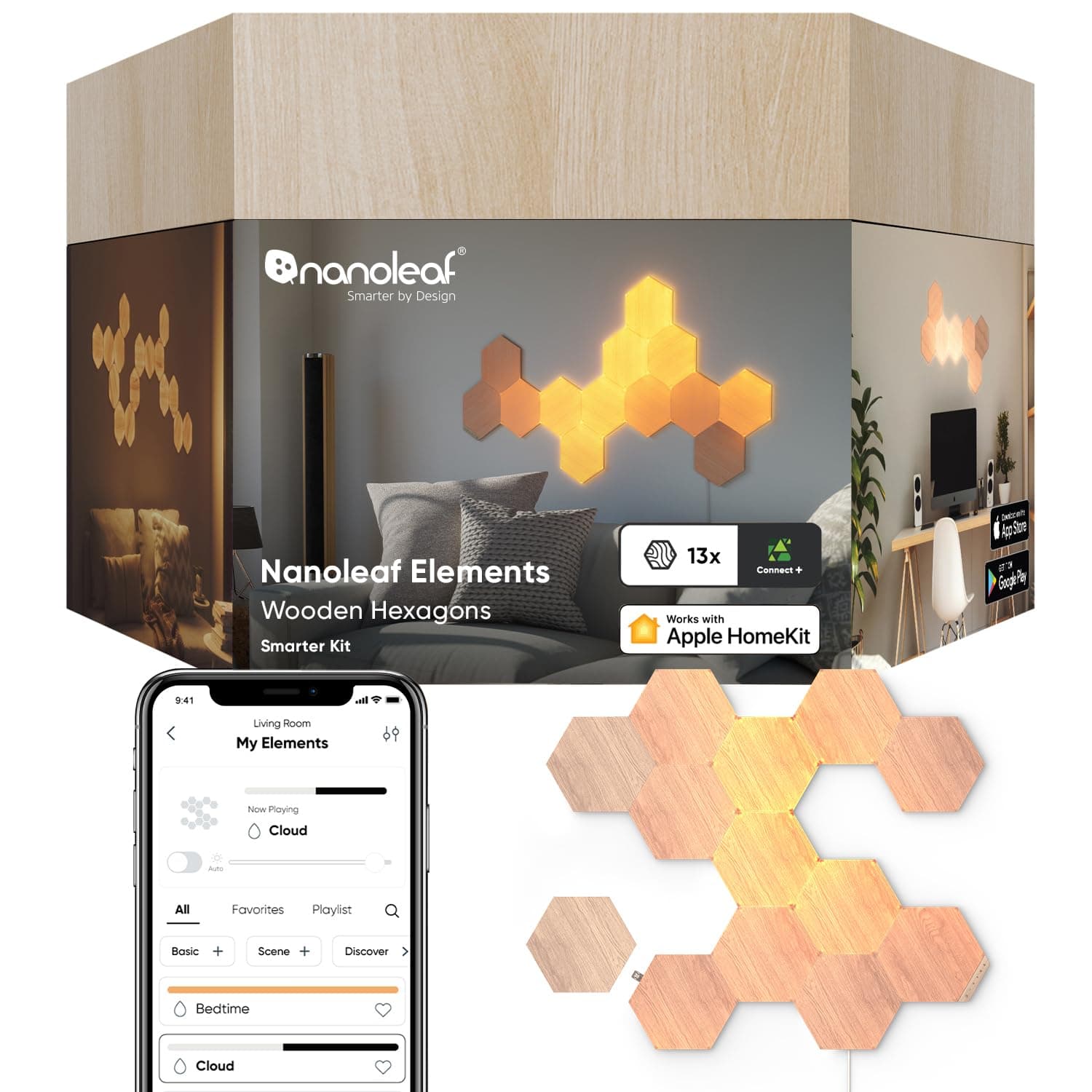 Elements Hexagon Starter Kit, 13 Wood Look LED Smart Light Panels - Dimmable & Modular Wi-Fi Wall Mood Lights, Works with Alexa Google Assistant Apple Homekit, for House Room Decor or Desk