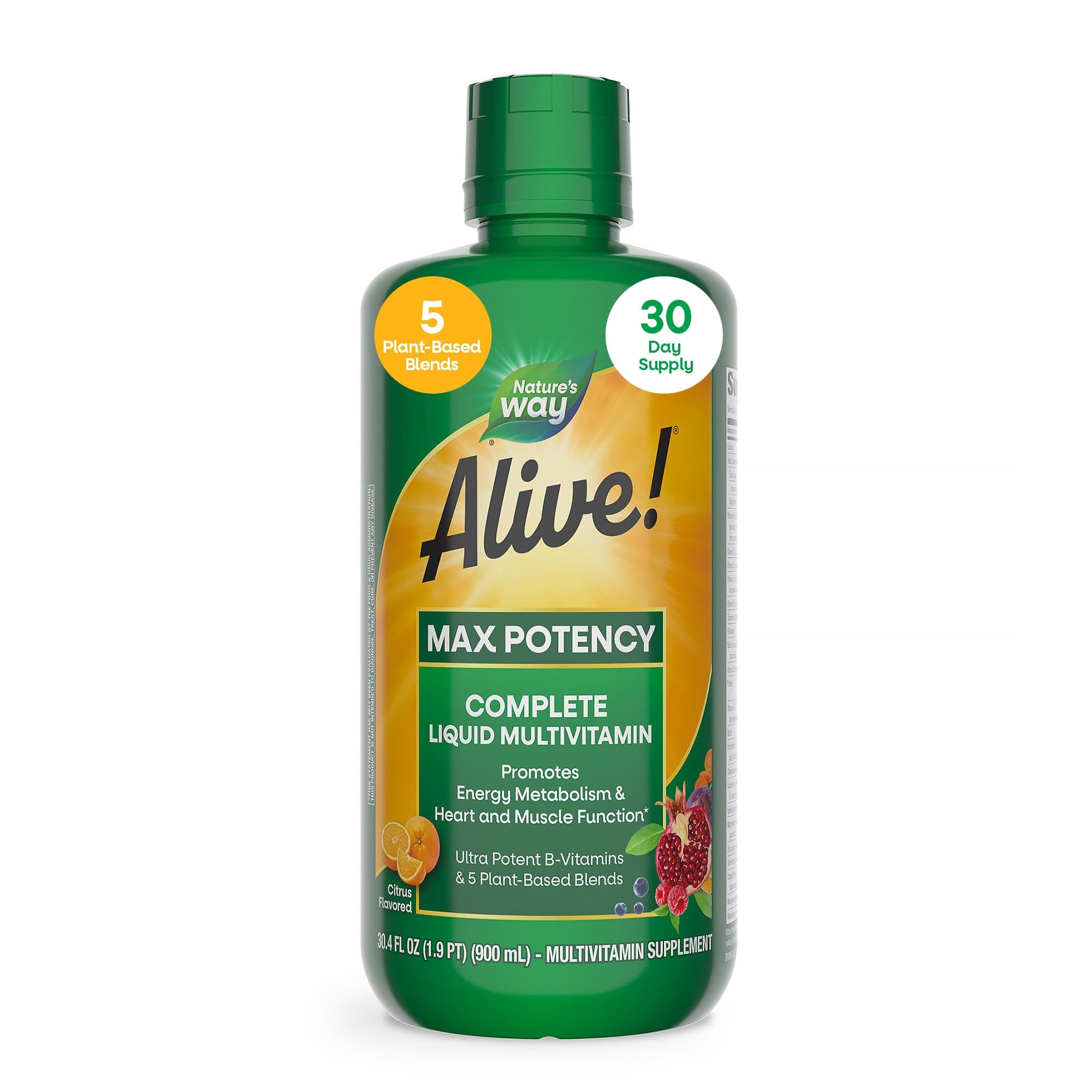 Nature’s Way Alive! Max Potency Complete Liquid Multivitamin, Liquid Vitamin Promotes Energy Metabolism, Heart & Muscle Function* with Vitamins A, B, C, D, Multivitamins for Women & Men, 30.4 Fl Oz