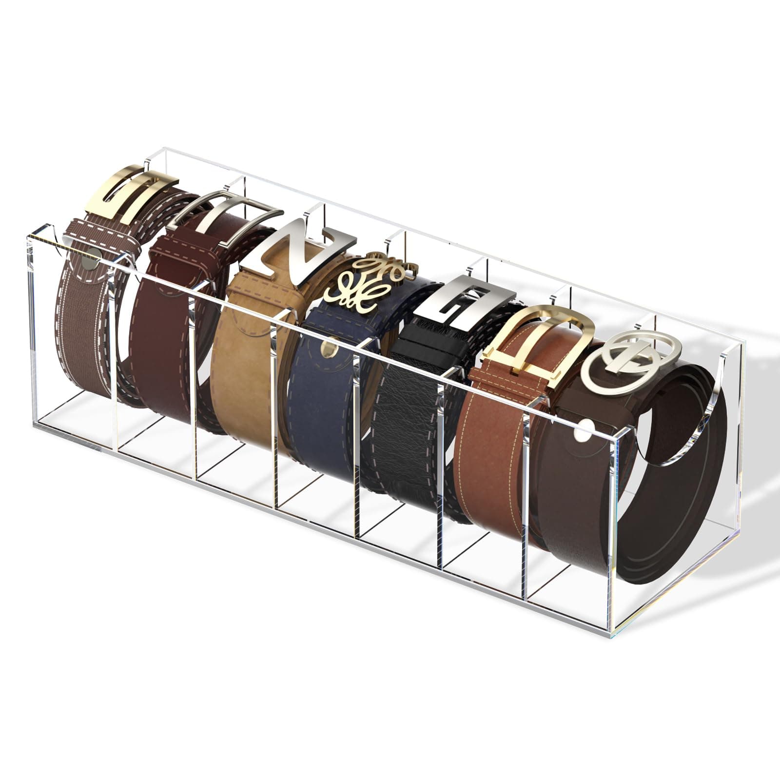 Belt Organizer, Acrylic 7 Compartments Container Storage Holder, Clear Display Case for Closet Tie and Bow Tie