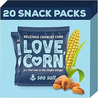 - LOVE CORN Sea Salt – Crunchy Roasted Corn Snack, 3 Simple Ingredients, Gluten Free, Non-GMO, Vegan – Alternative to Chips, Nuts & Crackers – Lunchbox, Office & On-the-Go Snacks – 0.7oz × 20 Bags