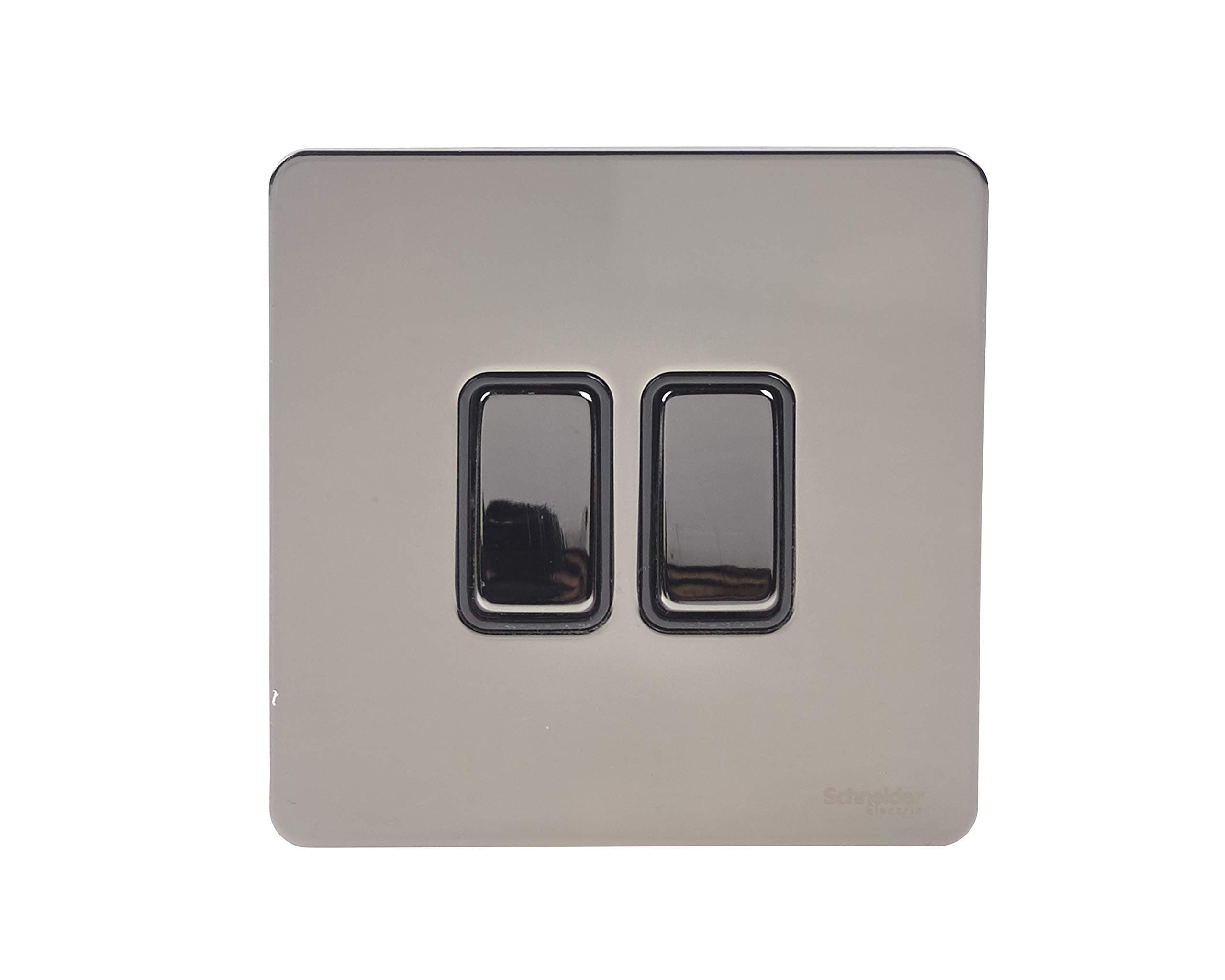Schneider Electric Ultimate Screwless Flat Plate - Double Rocker 2 Way Light Switch, Single Pole, 16AX, GU1422BBN, Black Nickel with Black Insert