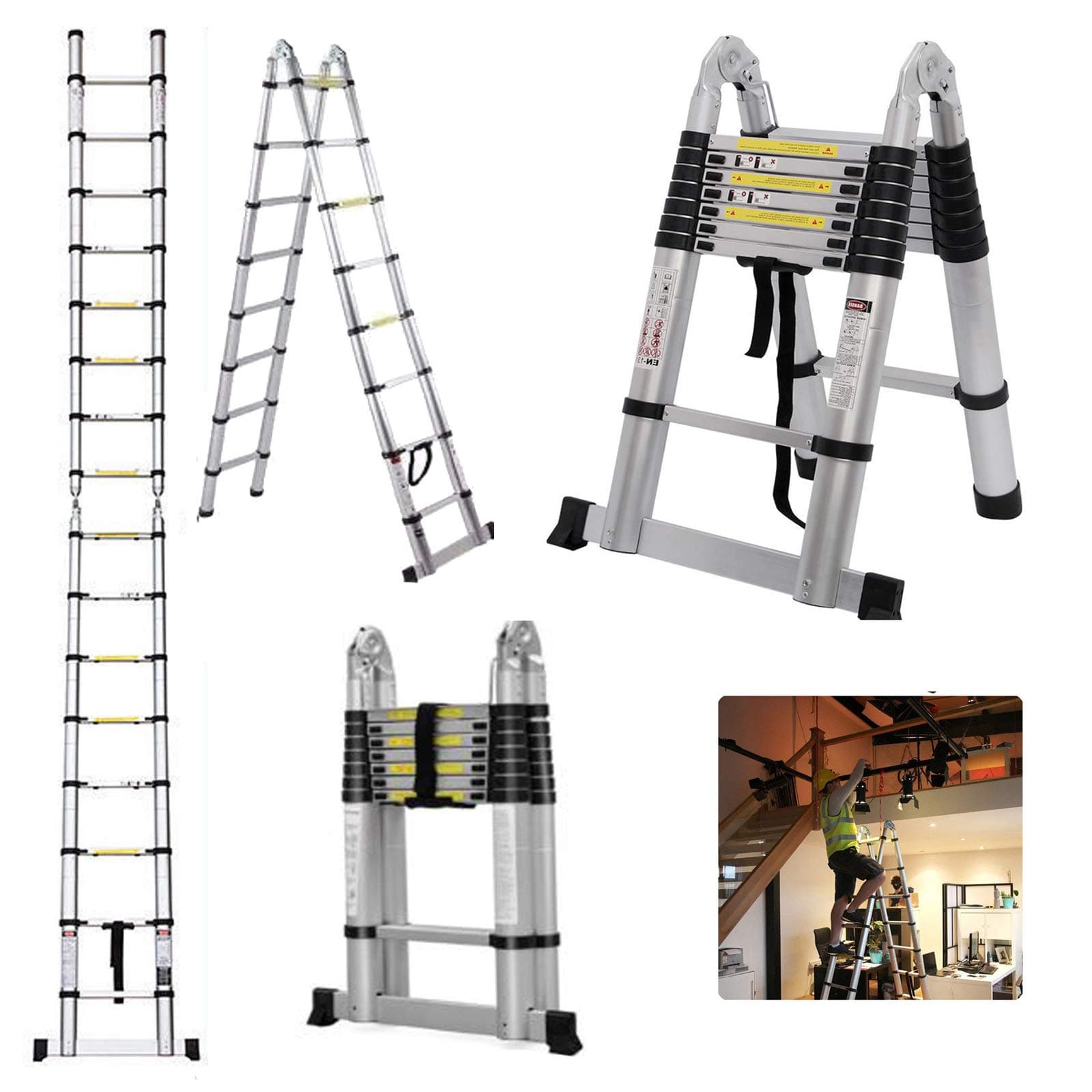 16.5FT 5 Metre Telescoping Extension Ladders A-Frame 2.5M+2.5M Extendable Folding Stepladder Aluminium Collapsible EN131-330LB Max Load