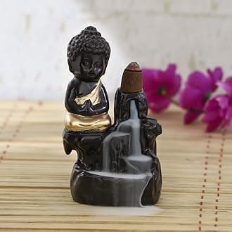 Black Golden Meditating Monk Buddha Statue Smoke Backflow Incense Holder with Incense Cones Showpiece for Home Decor Living Room Office Gift for Diwali Housewarming Buddha Purnima Birthday