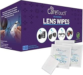 Care Touch Lens Wipes for Eyeglasses- 100 Count Individually Wrapped Pre- Moistened Wipes, 5 x 6 Inch- Camera Lens, Sunglasses and Glasses Cleaner,- Gentle and Portable for Cleaning of Optical Devices