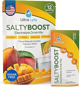 Electrolytes Drink Mix - Sugar-Free Sachets with High Sodium, Trace Minerals, and Coconut Water - Hydration for Sports, Fitness, and Recovery (12 Servings (Pack of 1), Salty Mango)
