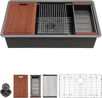 Sarlai 36 Black Undermount Kitchen Sink Workstation - 36x19 Inch Kitchen Sinks with Ledge NANO-Tech Gumental Black Sink Round Corner 16 Gauge Stainless Steel Single Bowl Sink Basin