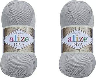 Alize Diva Yarn Hand Knitting Yarn 100% Microfiber Acrylic Yarn Alize Diva Silk Effect Thread Crochet Art Lace Craft Lot of 2 skeins 200gr 767 yds (355-Grey)