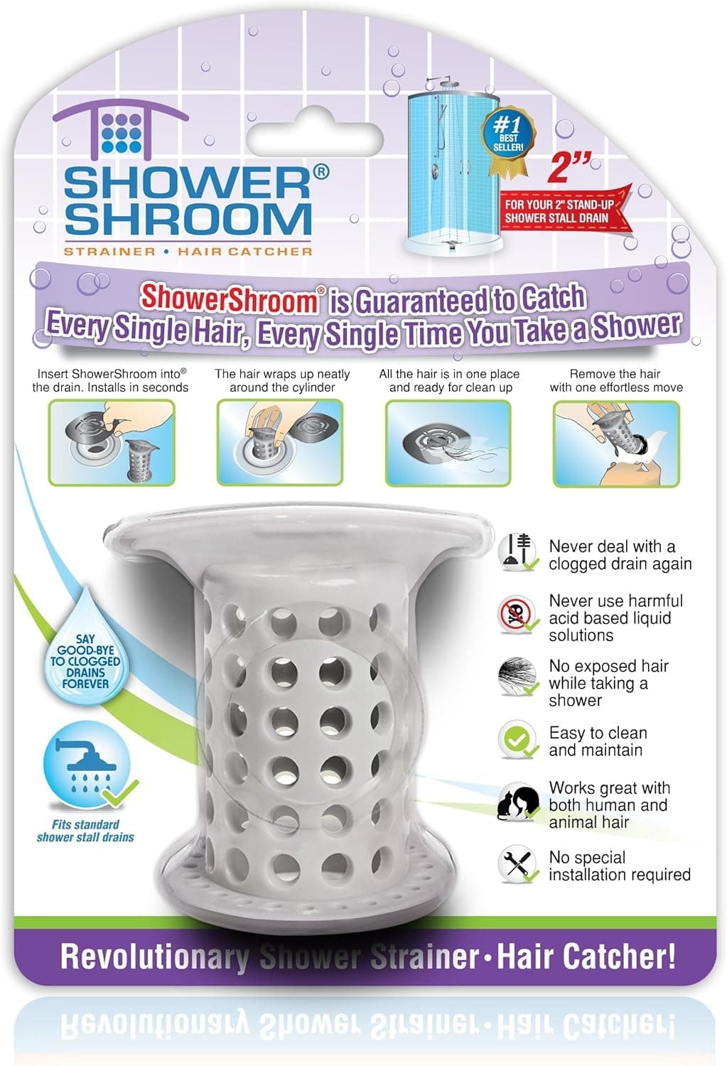 ShowerShroom the Revolutionary 2" Stand-Up Shower Stall Drain Protector Hair Catcher/Strainer, Gray , 1 Count ( Pack of 1)