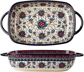 Vintage Style Pottery Bakeware Ceramic Casserole Dish Baking Pan Lasagna Pans Baking Dish with Handles for Oven/Cooking/Kitchen-1 PCS, Large Capacity, 60 OZ