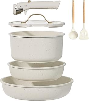 CAROTE 7pcs Pots and Pans Set Non Stick, Cookware Set with Detachable Handle, Kitchen Cookware Sets with Removable Handle, RV Cookware Set, Oven Safe, Cream White
