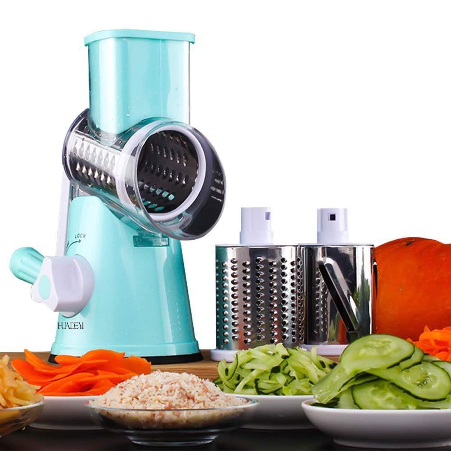 HUADEYI Multifunctional Vegetable and Fruit Cutting Machine, Rotating Drum Cheese Grater with 3 Stainless Steel Revolving Blades, Manual and Safe Milling, Slicer (Blue)
