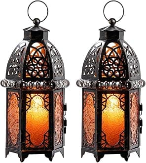 NEEDOMO Set of 2 Moroccan Lanterns Decorative Indoor & Outdoor, Hanging Candle Lantern, 11'' Vintage Candle Holder, Metal Lanterns Decorative, Table, Patio, Porch, Shelf, Gothic Home Decor (Amber)