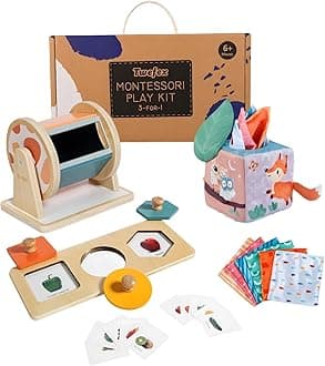 Twefex Montessori Toys for Babies 6-12 Months - 3 in 1 Baby Toys Play Kit - Medium Spinning Drum - Baby Tissue Box Toy - Peekaboo Knob Puzzle with Cards - Learning Educational Toy for Boys and Girls