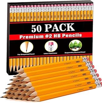 V-Opitos Wood-Cased #2 HB Pencils, 50 Pack Bulk Pre-Sharpened Yellow Pencils with Top Erasers, School Classroom Teacher Supplies, Writing, Drawing and Sketching