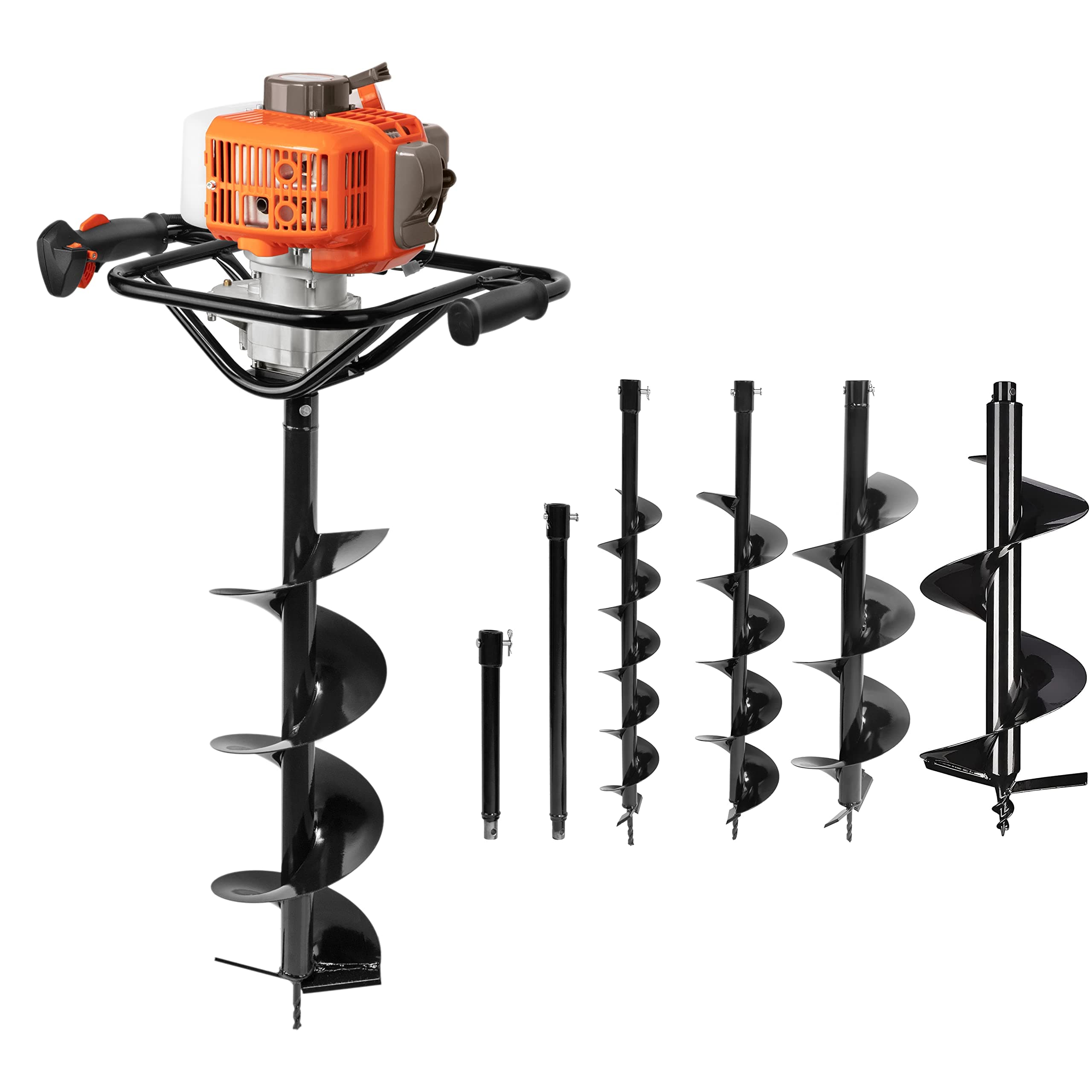 54cc Post Hole Digger Gas Powered 2 Cycle Earth Auger, 5-Year Warranty Gear Box, 4 Drill Bits 4" 6" 8" 12" + Extension Rod 12" 20"