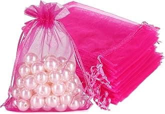 HRX Package Hot Pink Organza Bags 100pcs, 4 x 6 inch Mesh Drawstring Gift Bags Jewelry Pouches Small Sachet for Christmas Candy Party Favor
