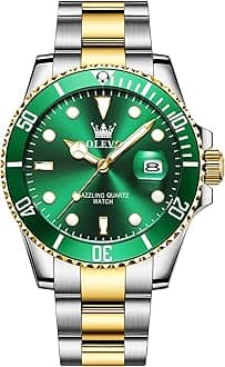 OLEVS Men's Watch, Big Face Gold Silver Tone Stainless Steel Analog Quartz Watch with Date, Luxury Fashion Rotatable Bezel Waterproof Luminous Dress Watch for Men (Blue/Black/Green Dial)