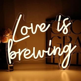 Love Is Brewing Neon Sign for Wall Decor, 15.75 x 12.2" Warm White Led Signs for Bridal Shower, USB Dimmable Neon Lights for Bedroom Home Coffee Themed Bar Wedding Engagement Party
