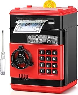 ATM Piggy Bank for Boys Girls, Vcertcpl Mini ATM Coin Bank Money Saving Box with Password, Kids Safe Money Jar for Adults with Auto Grab Bill Slot, Great Gift Toy Bank for Kids (RedBlack 02)