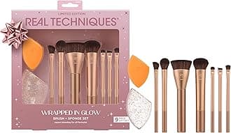 REAL TECHNIQUESWrapped In Glow Brush + Sponge 9 Piece Holiday Gift Set, Complete Makeup Brush Set, Foundation Sponge For Seamless Blending & Travel Case, Limited Edition, Latex-Free Foam