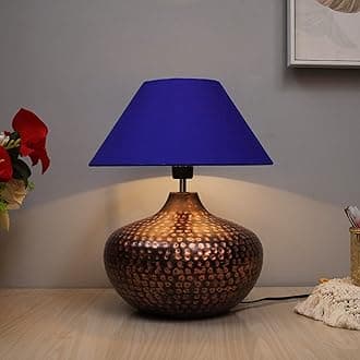 Homesake® Antique Hammered Table Lamp Oil-Rubbed Bronze Metal Linen Drum Shade for Living Room Family Bedroom, (Gourd, Blue)