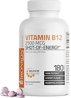 Vitamin B12 2500mcg Shot Of Energy Fast Dissolve Chewable Tablets - Quick Release Cherry Flavored Sublingual B12 Vitamin - Supports Nervous System, Healthy Brain Function Energy Production – 180 Count