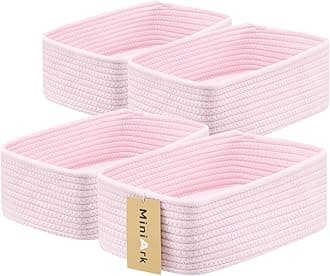 MiniArk Small Storage Baskets for Organizing | Closet Organizer Bins | Shelf Toy Basket | Woven Rope Baskets | Cube Decorative Box | Shallow Basket | 11.5x7.5x4.7” | 4 Packs Light Pink