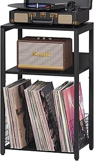 LELELINKY Black End Table, Small Side Table with Metal Frame,Modern Record Player Stand with Storage Shelf, Wood 3 Tier Sofa Bedside Tables, Narrow Nightstand for Living Room Bedroom Office