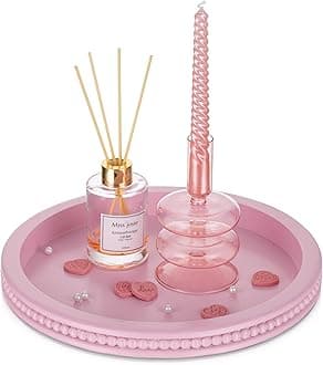 Pink Tray Decorative Round: Beaded Perfume Trays Decor for Dresser Circle Vanity Makeup Serving Tray for Ottoman Coffee Table Bathroom Counter