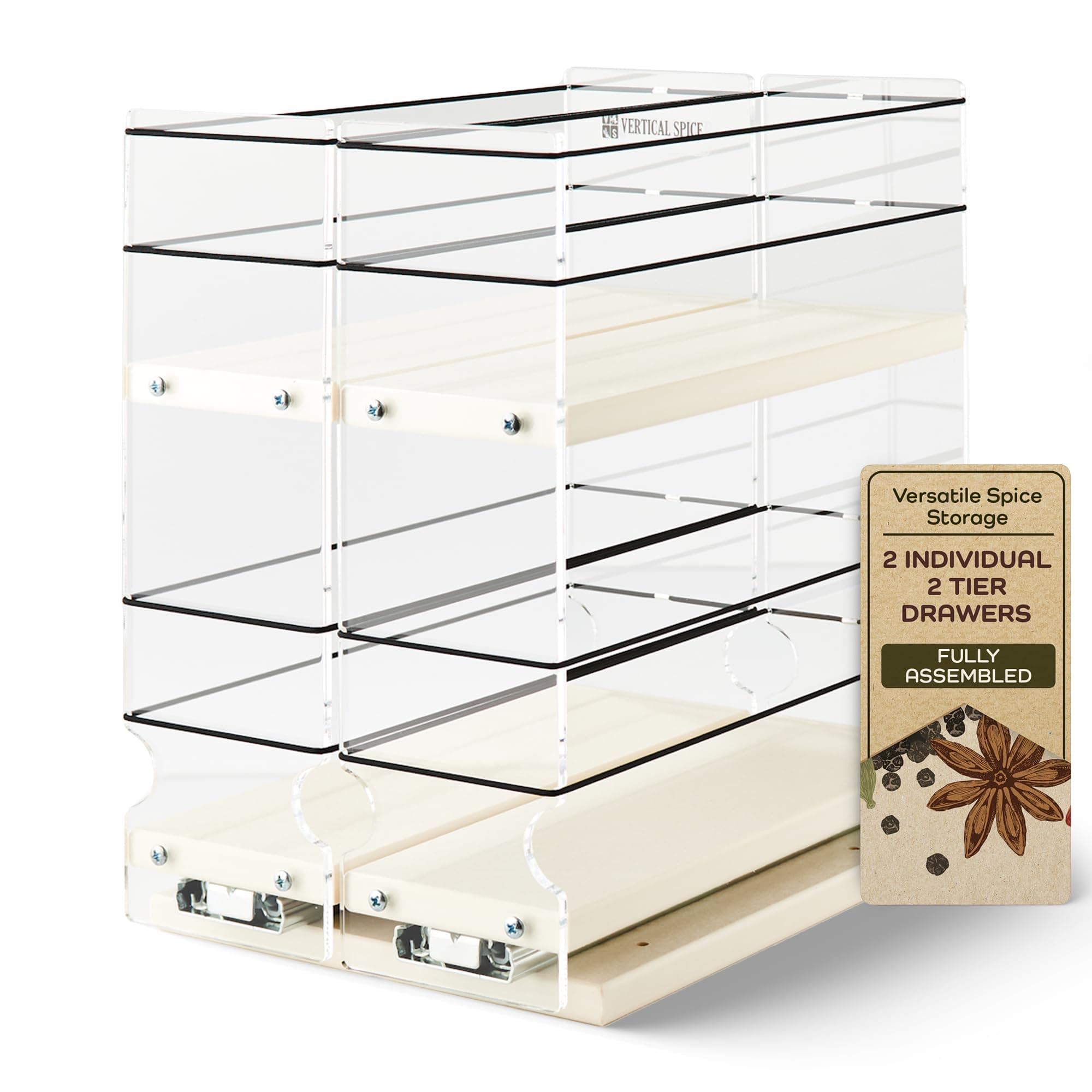 Vertical SpiceLarge Pullout Sliding Spice Rack Organizer - 2 Individual 2 Tier Drawers - Premium Rolling Seasoning Holder/Caddy for Hidden Pantry Storage - Made in USA (6.9''W x 10.75" H x 10.6''D)