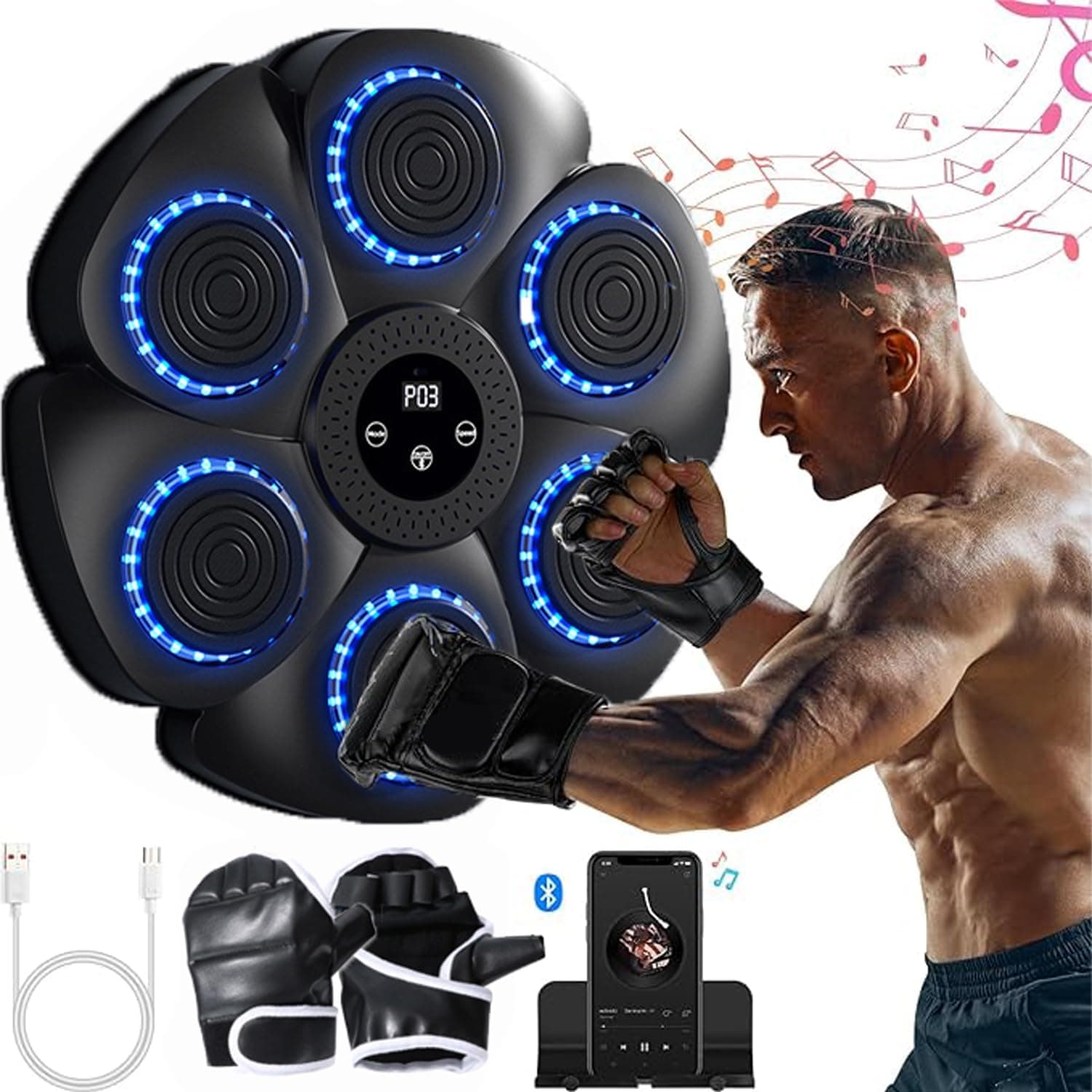 CBEX Wall-Mounted Smart Boxing Trainer with Bluetooth Speaker, 9 Speed Modes, Punch-Free Design, Soft PU Material for Cardio & Reflex Training (Black) with Black Boxing Gloves