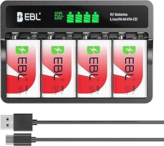 EBL 9V Li-ion Rechargeable Batteries 600mAh 4-Pack with LCD 9V Smart Battery Charger for 9 Volt Lithium-ion/Ni-MH/Ni-CD Rechargeable Batteries