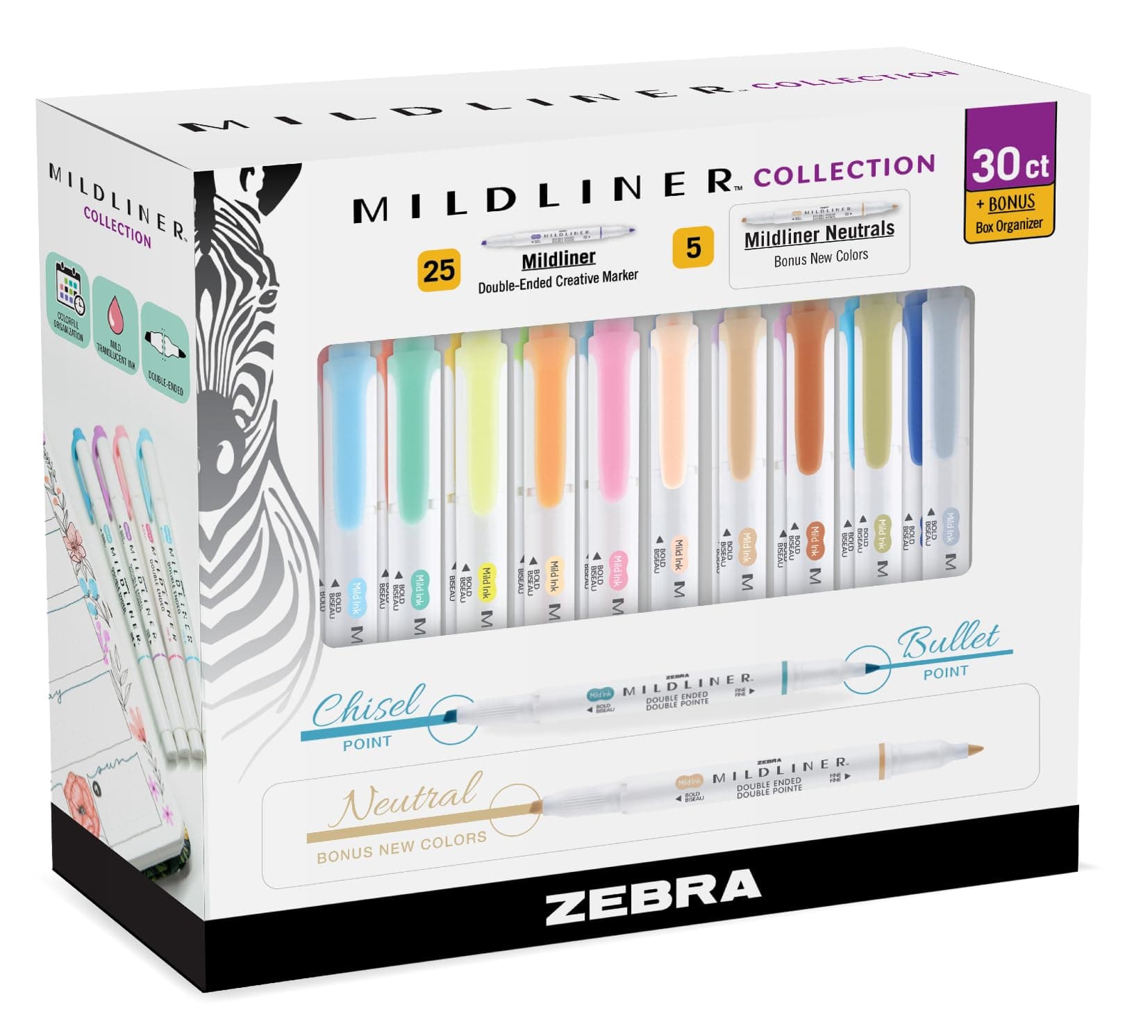 Mildliner Double-Ended Highlighter Set, Broad and Fine Point Tips, Ideal for Bible Highlighting, No Bleed, 30 Pastel and Neutral ink Colors, Pack of 30