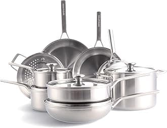 Tri-Ply Stainless Steel 14 Piece Cookware Pots & Pans Set,Professional Cooking,Multi Clad,Measurement Markings,Drip-Free Pouring Edges,Durable Glass Lids,Induction,Oven&Dishwasher Safe