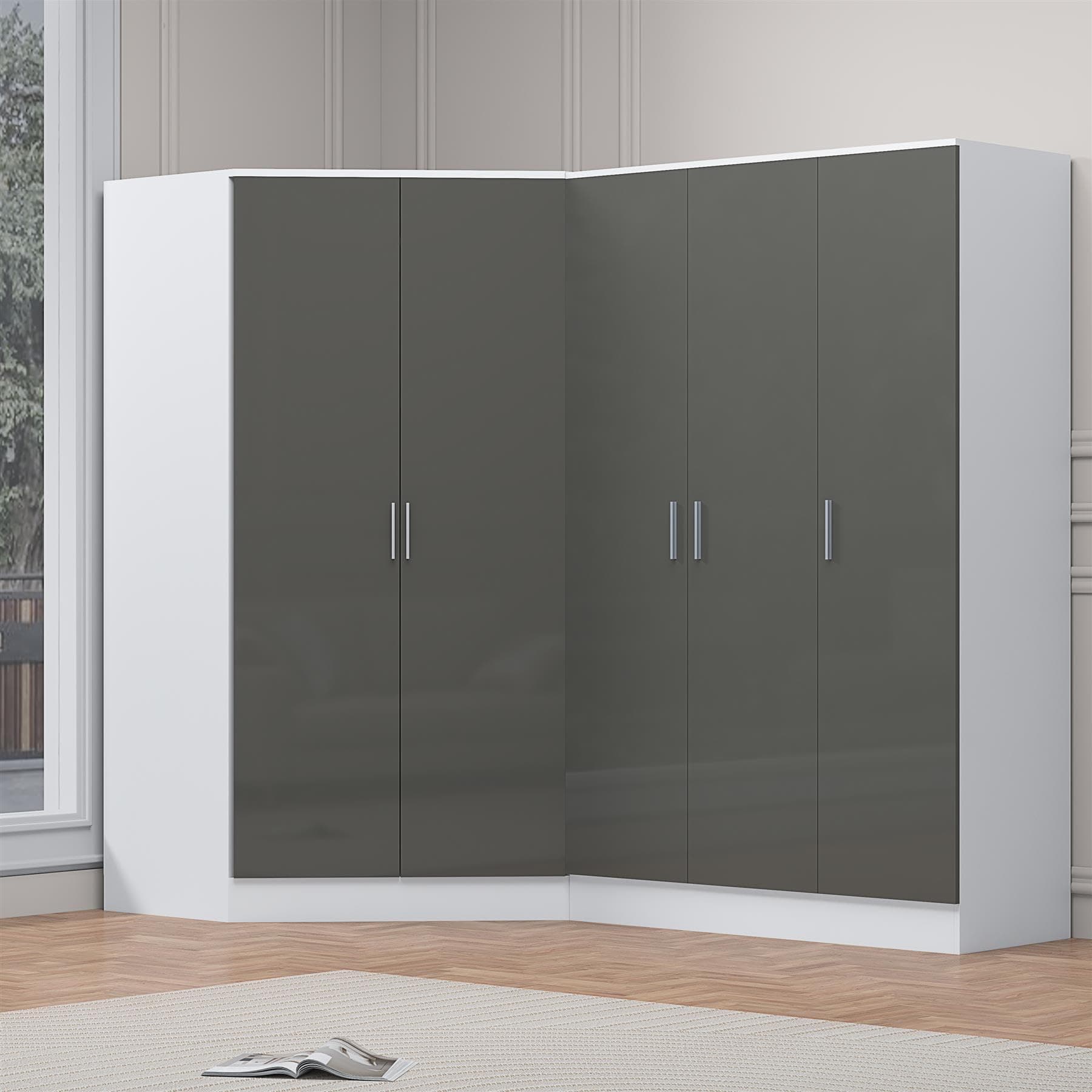 Reflect 2 Piece Wardrobe Bundle | 2 Door Corner + 3 Door Plain | Grey Gloss & Matt White Finish | H: 180cm x W: 179cm x D: 103cm | Modern Bedroom Furniture Storage Solution