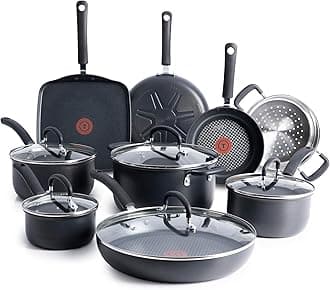 T-fal Ultimate Hard Anodized Nonstick Cookware Set 14 Piece, Oven Broiler Safe 400F, Lid Safe 350F, Kitchen Cooking Set w/Fry Pans, Saucepans, Griddle, Dutch Oven, Pots & Pans, Dishwasher Safe, Black