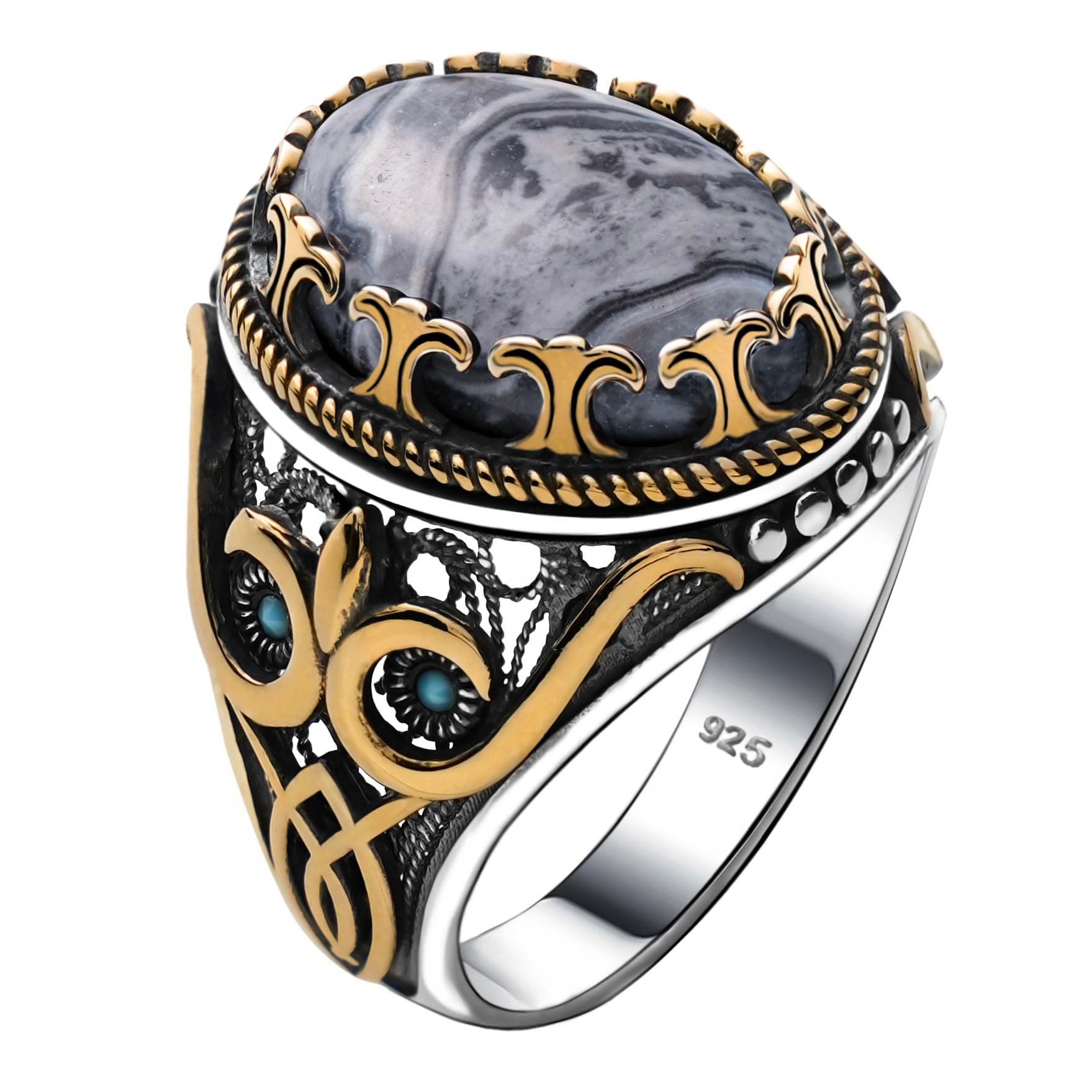 Genuine Solid 925 Sterling Silver Accented with Bronze and Stone, Authentic Vintage Turkish Ottoman Style Ring for Men
