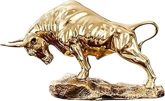 Bronze Bull Sculpture - Pure Copper Charging Bull/Cow/Ox Figure and Statue Handmand Collectable Art Decor - Figurine for Office& Home Decorations and Gift (L:14in Golden Bronze)