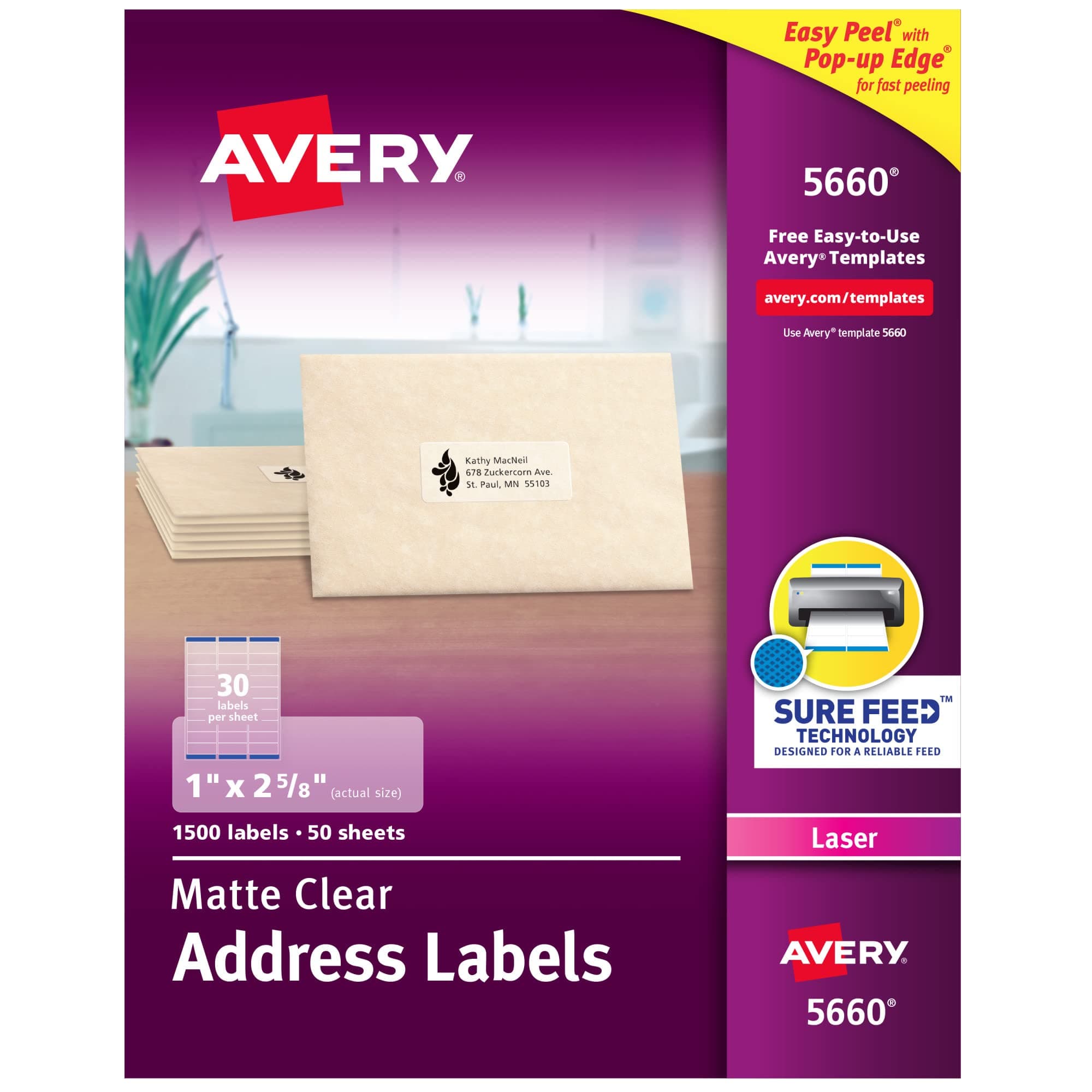 Printable Address Labels with Sure Feed Technology, 1" x 2-5/8", Matte Clear, Compatible with Laser Printers, 1,500 Blank Labels Total, Great for Mailing, Branding, and More (5660)