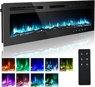 M.C.Haus Ultra-Thin Electric Fireplace Low Noise, 12 Variable & Breath Colors Flame, Recessed Wall Mounted Free Standing, Touch Screen & Remote Control, Crystal & Log Set(178cm/70inch)