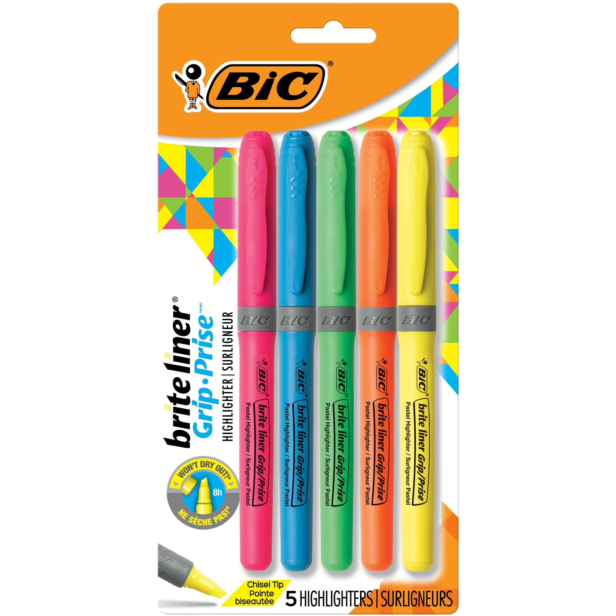 Brite Liner Grip Highlighter, Chisel Tip (1.6 mm), Assorted Colors, For Broad Highlighting & Fine Underlining, 5-Count