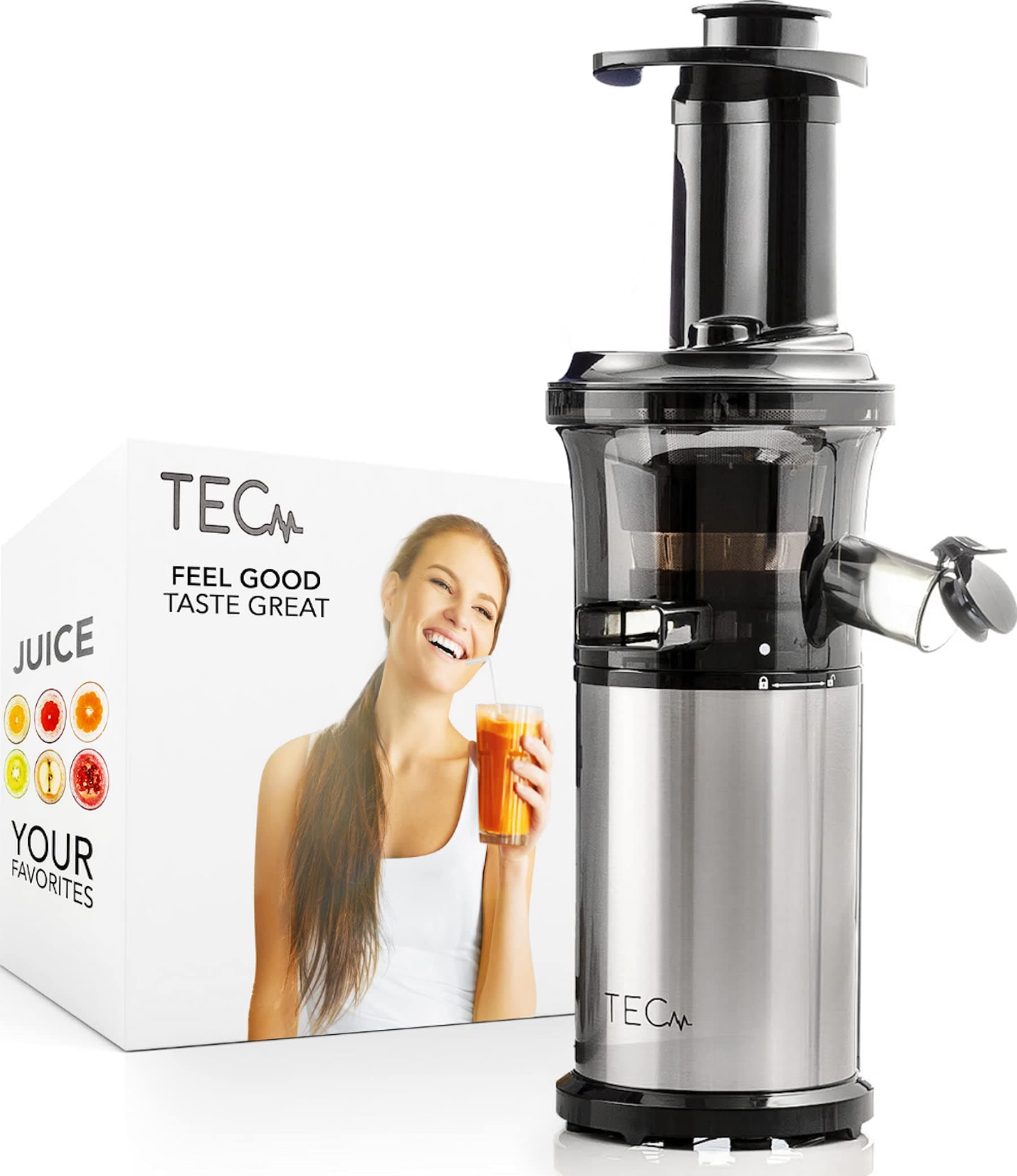 TEC Slow Masticating Juicer - Portable, Compact, Lightweight; Easy to Set Up and Clean; Plus a Powerful, Quiet 200 W Motor; Includes 99.99% Pulp Free Strainer