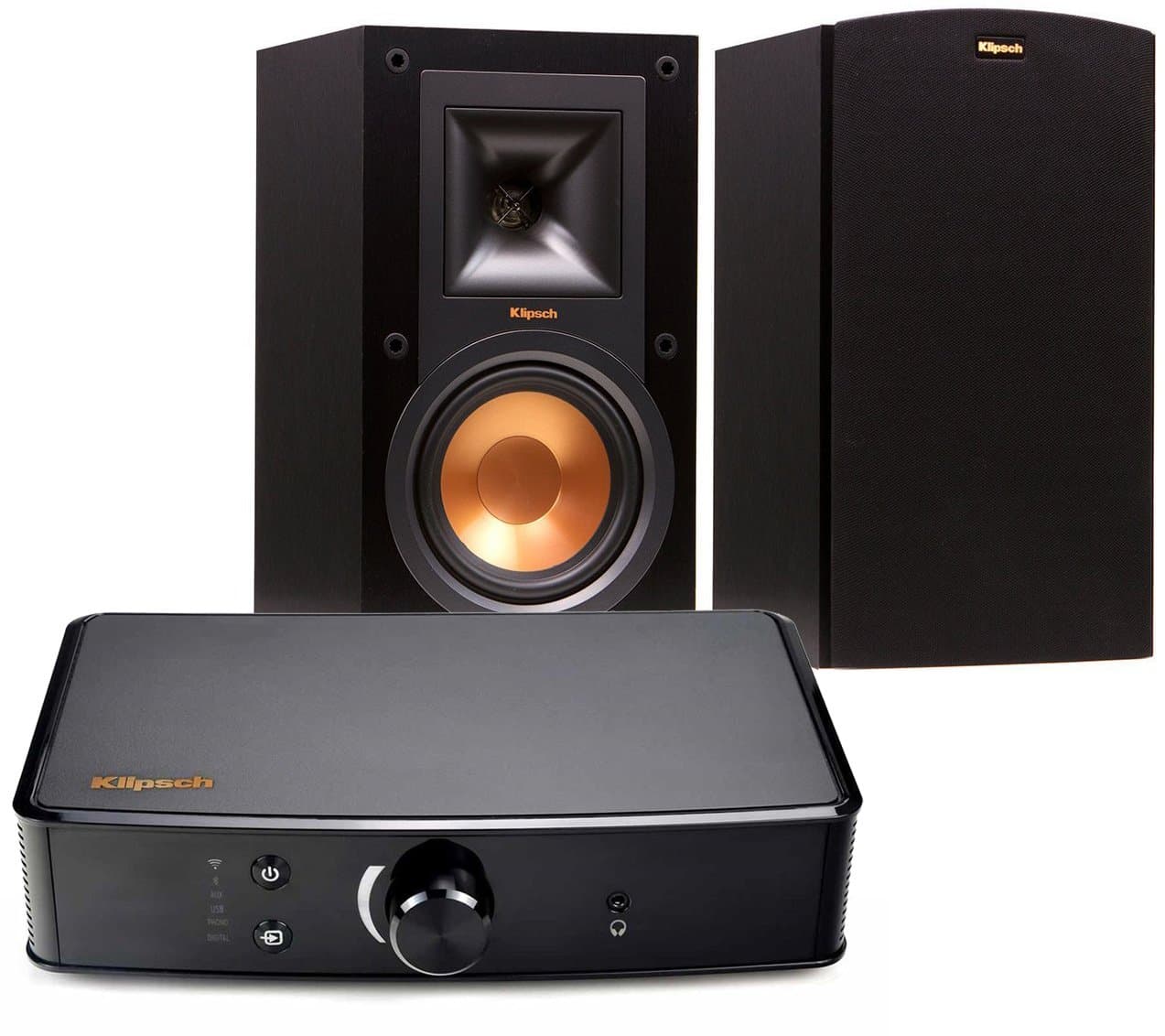 Klipsch R-15M Bookshelf Speakers and Powergate Amplifier Bundle, Black
