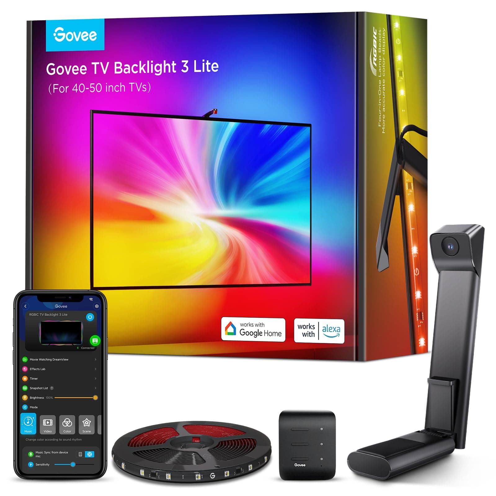 TV Backlight 3 Lite with Fish-Eye Correction Function Sync to 40-50 Inch TVs, 2.4m RGBICW Wi-Fi TV LED Strip Light with Camera, 4 Colors in 1 Lamp Bead, Voice and APP Control, Adapter