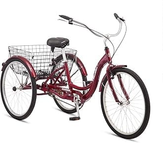 Schwinn Meridian Adult Tricycle, Three Wheel Cruiser Bike, 26-Inch Wheels, Low Step-Through Alluminum Frame, Adjustable Handlebars, Large Cruiser Seat, Rear Folding Basket, Single Speed, Black Cherry