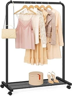 SONGMICS HSR25BK Mobile Clothes Rack on Wheels, Clothes Organizer, Metal with Storage Shelf, Bar Load 40 kg, Black