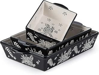 Baking Dish Casserole Dish Ceramic Lasagna Pan, 3-Piece Bakeware Sets, nonstick, stackable, for oven, for baking casserole, Rose pattern, Baking Set Baking Dish Set
